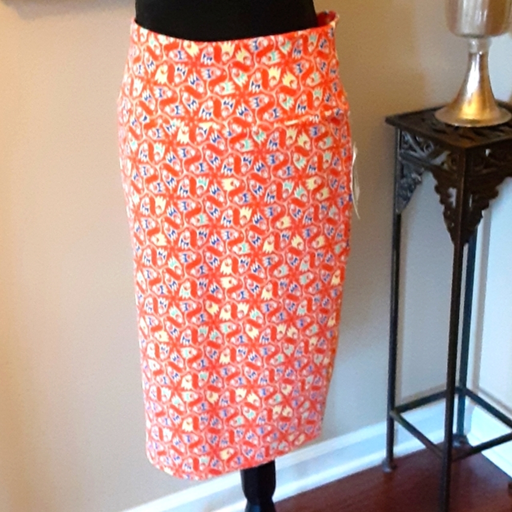 LuLaRoe Cassie Pencil skirt orange lime navy aqua print stretch size Medium NEW
